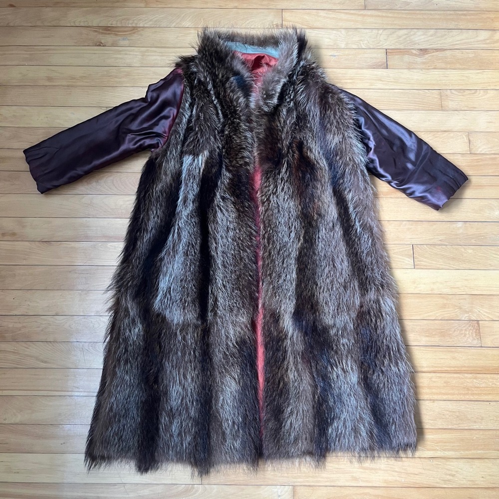 Vintage Longline Real Fur Coat Brown Grey Satin Burgundy Sleeves Maxi Jacket